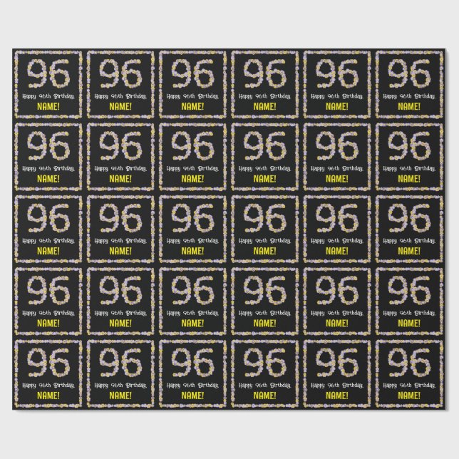 96th Birthday: Floral Flowers Number, Custom Name Wrapping Paper (Flat)