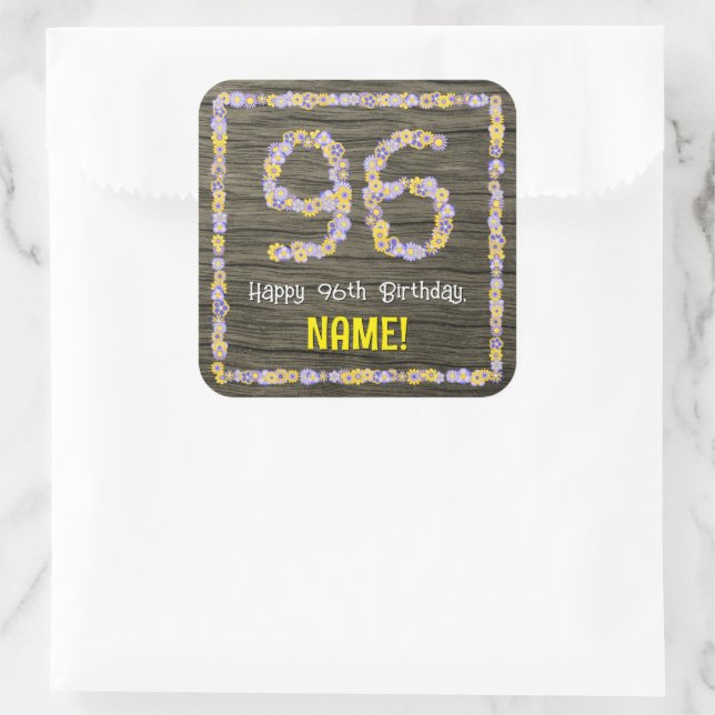 96th Birthday: Floral Number, Faux Wood Look, Name Square Sticker (Bag)