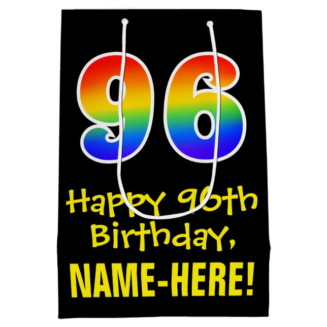 96th Birthday: Fun, Bold, Colourful, Rainbow "96" Medium Gift Bag (Back)