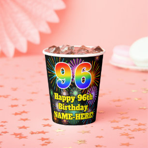 96th Birthday: Fun Fireworks Pattern + Rainbow 96 Paper Cups