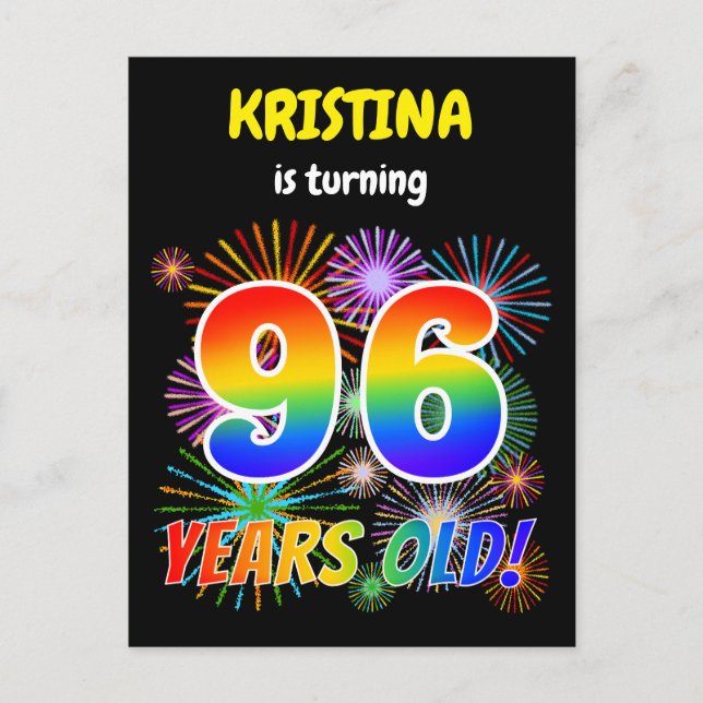 96th Birthday - Fun Fireworks, Rainbow Look "96" Postcard (Front)