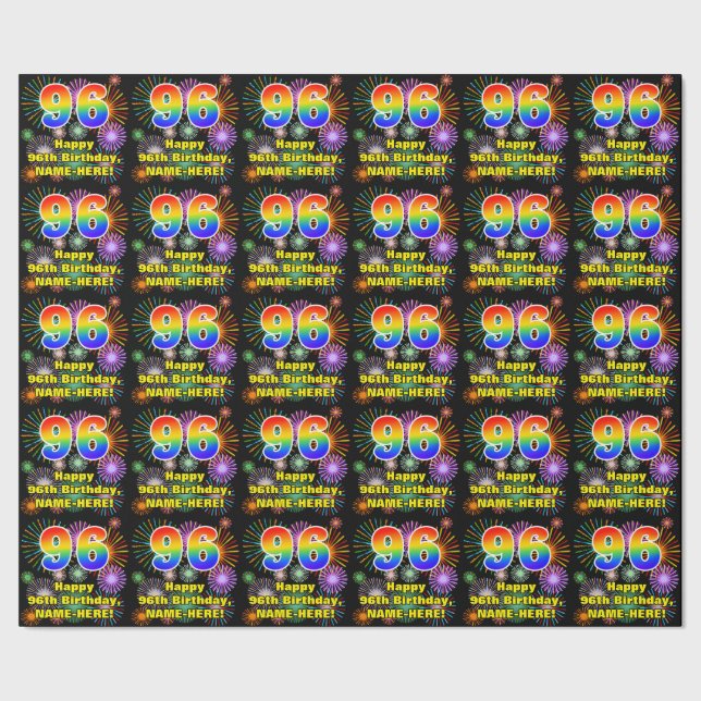 96th Birthday: Fun Fireworks, Rainbow Look # “96” Wrapping Paper (Seam)