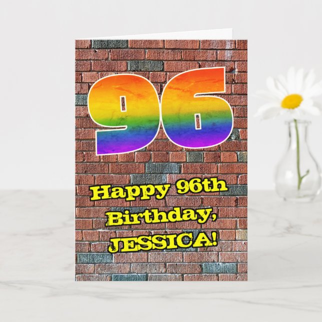 96th Birthday: Fun Graffiti-Inspired Rainbow 96 Card (Small Plant)