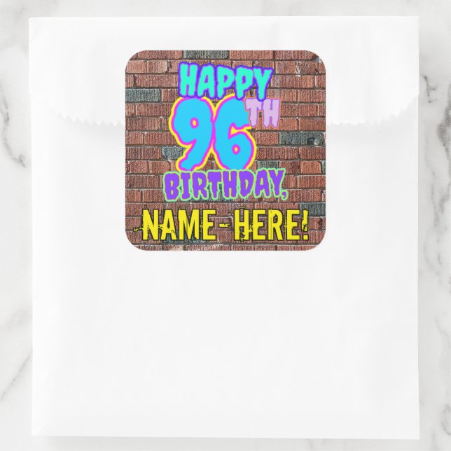 96th Birthday – Fun, Urban Graffiti Inspired Look Square Sticker (Bag)