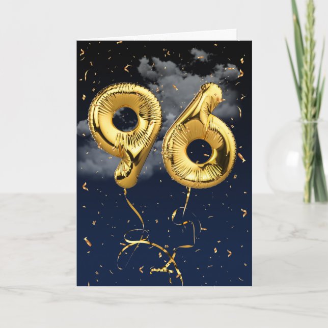 96th Birthday Gold Mylar Balloon and Confetti Card (Front)