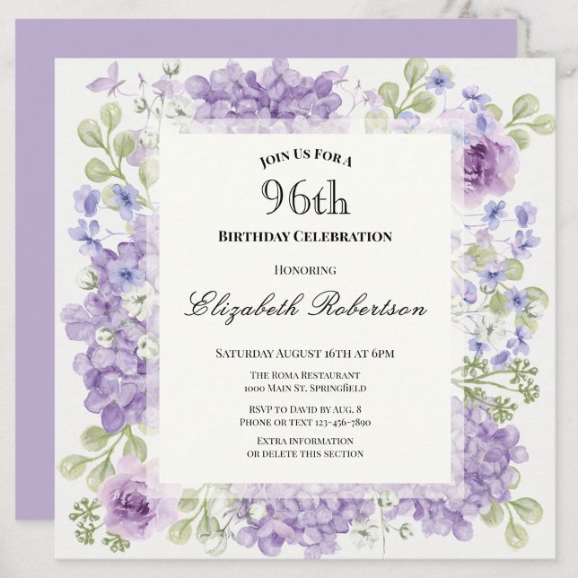96th Birthday Invitation Elegant Purple Flowers (Creator Uploaded)