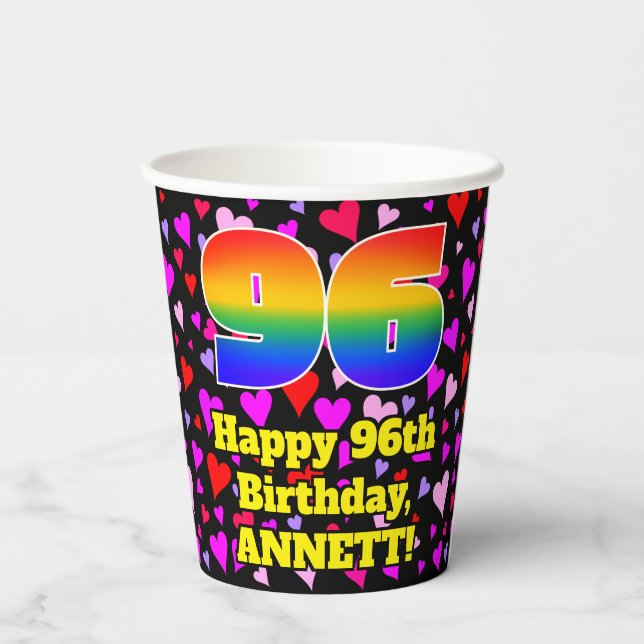 96th Birthday: Loving Hearts Pattern, Rainbow 96 Paper Cups (Back)