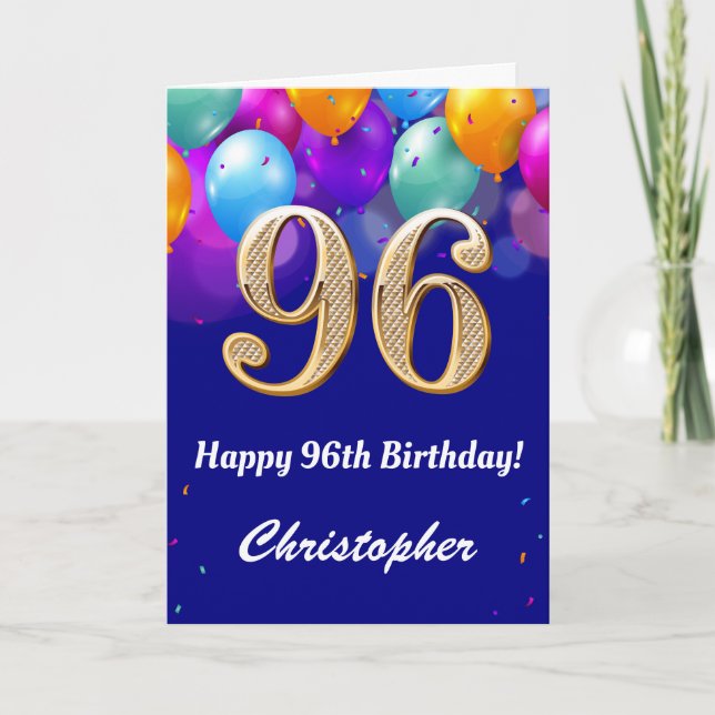 96th Birthday Navy Blue and Gold Colourful Balloon Card (Front)