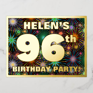 96th Birthday Party: Bold, Colourful Fireworks Loo Foil Invitation Postcard