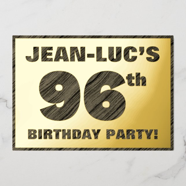 96th Birthday Party — Bold, Faux Wood Grain Text (Front)