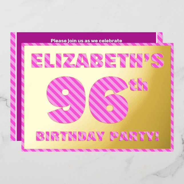 96th Birthday Party — Bold, Fun, Pink Stripes # 96 (Front/Back)