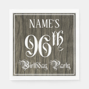 96th Birthday Party — Fancy Script, Faux Wood Look Napkin