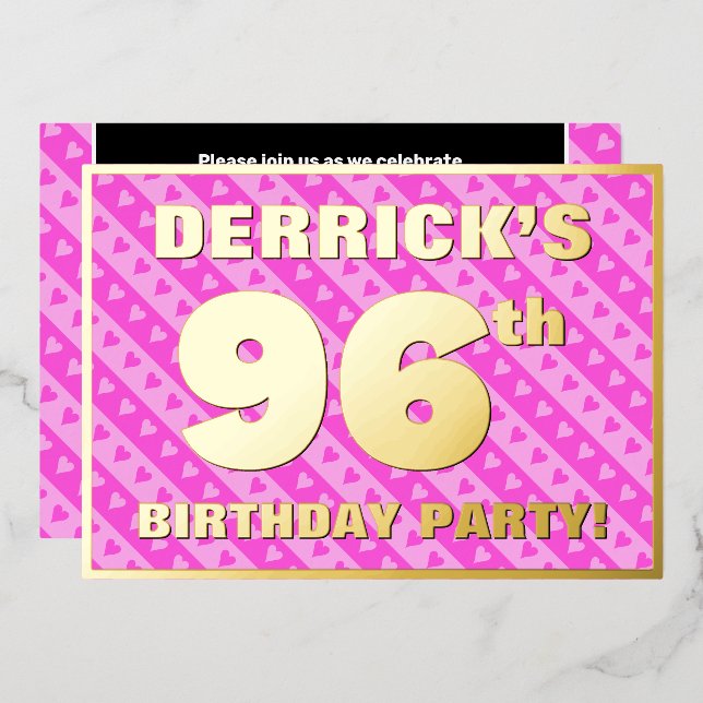96th Birthday Party — Fun Pink Hearts and Stripes (Front/Back)