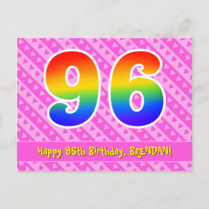 96th Birthday: Pink Stripes & Hearts, Rainbow 96 Postcard