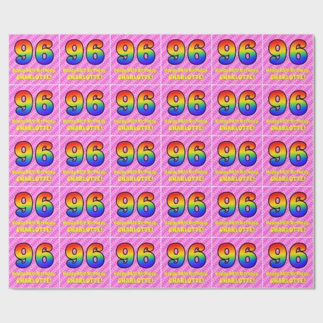 96th Birthday: Pink Stripes & Hearts, Rainbow # 96 Wrapping Paper (Flat)