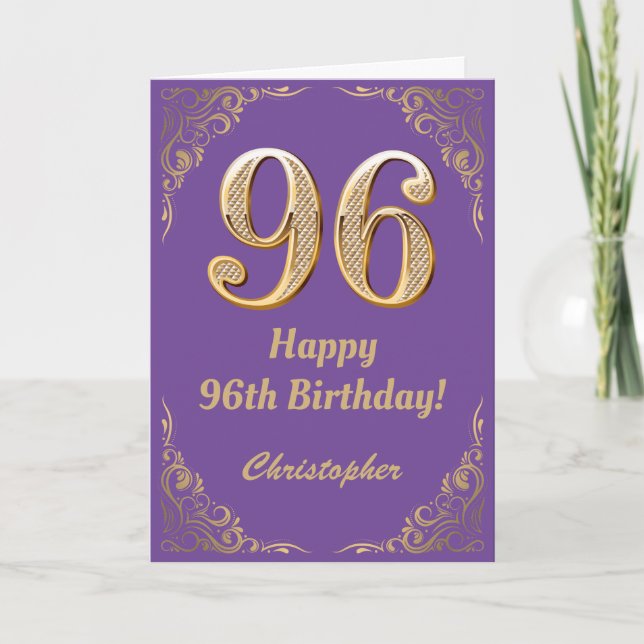 96th Birthday Purple and Gold Glitter Frame Card (Front)