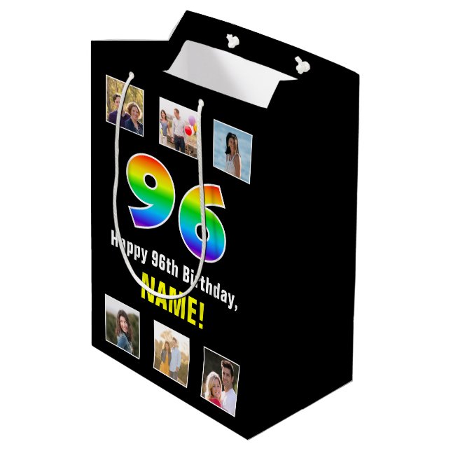 96th Birthday: Rainbow “96“, Custom Photos & Name Medium Gift Bag (Back Angled)