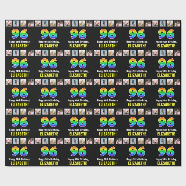 96th Birthday: Rainbow “96“; Custom Photos & Name Wrapping Paper (Seam)