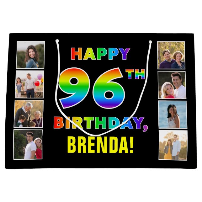 96th Birthday: Rainbow Text, Custom Photos & Name Large Gift Bag (Front)