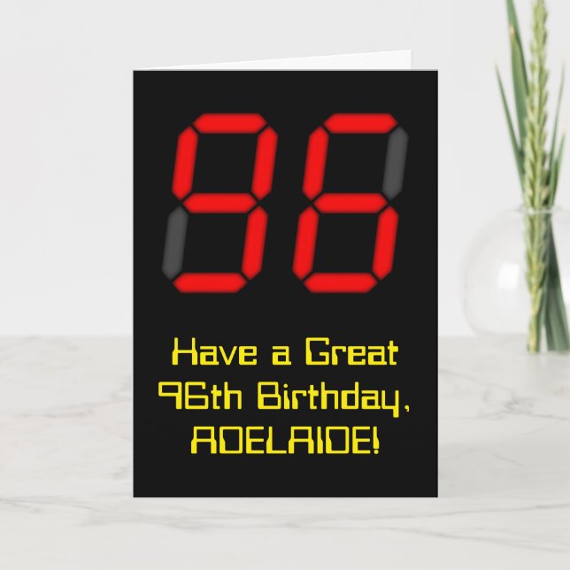 96th Birthday: Red Digital Clock Style "96" + Name Card (Front)