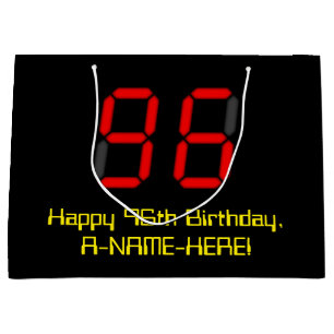 96th Birthday: Red Digital Clock Style "96" + Name Large Gift Bag