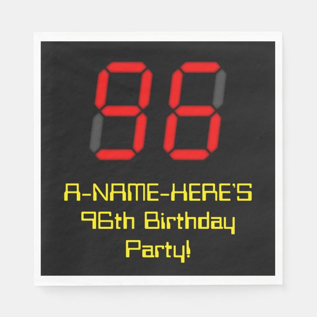 96th Birthday: Red Digital Clock Style "96" + Name Napkin (Front)