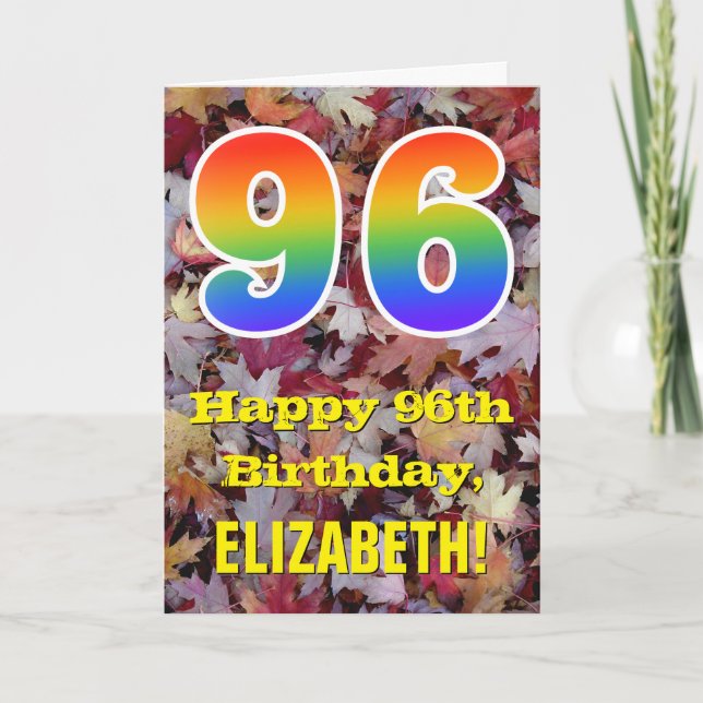 96th Birthday; Rustic Autumn Leaves; Rainbow "96" Card (Front)