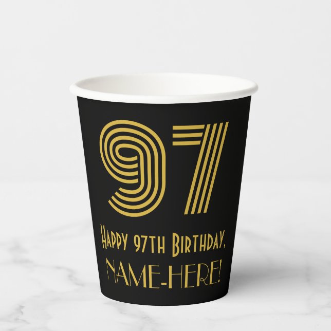 97th Birthday: Art Deco Inspired Look "97" & Name Paper Cups (Front)
