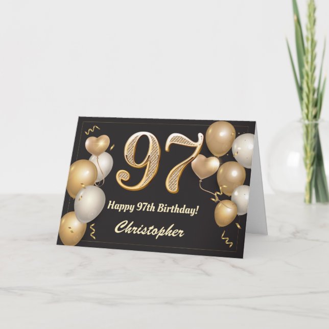 97th Birthday Black and Gold Balloons Birthday Card (Front)