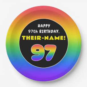 97th Birthday: Colorful Rainbow # 97, Custom Name Paper Plate