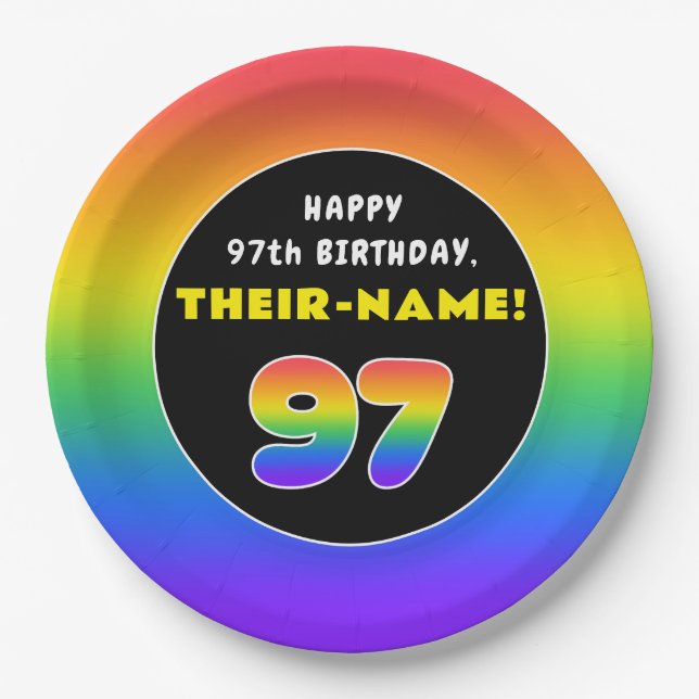 97th Birthday: Colorful Rainbow # 97, Custom Name Paper Plate (Front)
