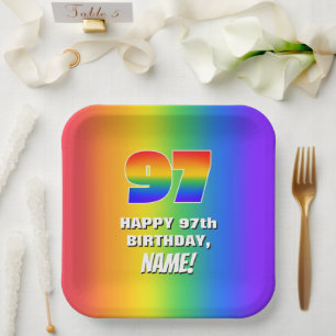 97th Birthday: Colourful, Fun Rainbow Pattern # 97 Paper Plate