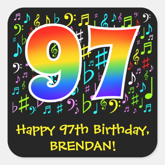 97th Birthday: Colourful Music Symbols, Rainbow 97 Square Sticker (Front)