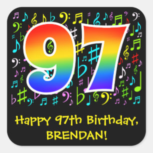 97th Birthday: Colourful Music Symbols, Rainbow 97 Square Sticker