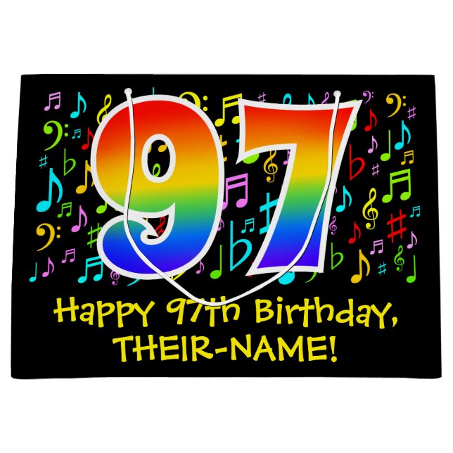 97th Birthday - Colourful Music Symbols, Rainbow 9 Large Gift Bag (Front)