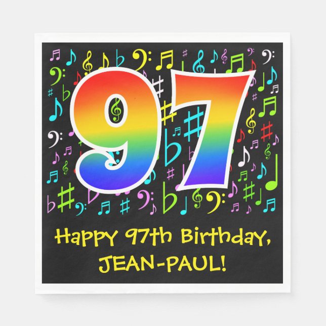 97th Birthday - Colourful Music Symbols, Rainbow 9 Napkin (Front)