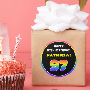 97th Birthday: Colourful Rainbow # 97, Custom Name Classic Round Sticker