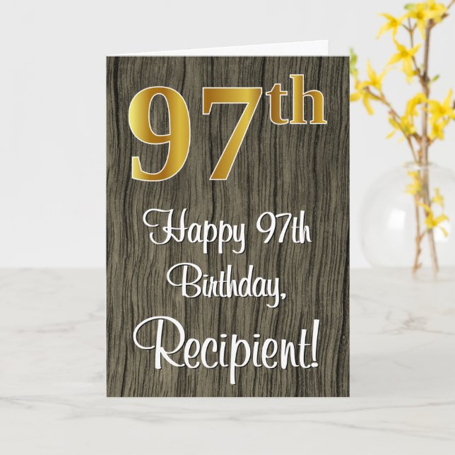 97th Birthday: Elegant Faux Gold Look #, Faux Wood Card (Yellow Flower)