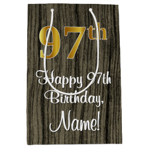 97th Birthday: Elegant Faux Gold Look #, Faux Wood Medium Gift Bag