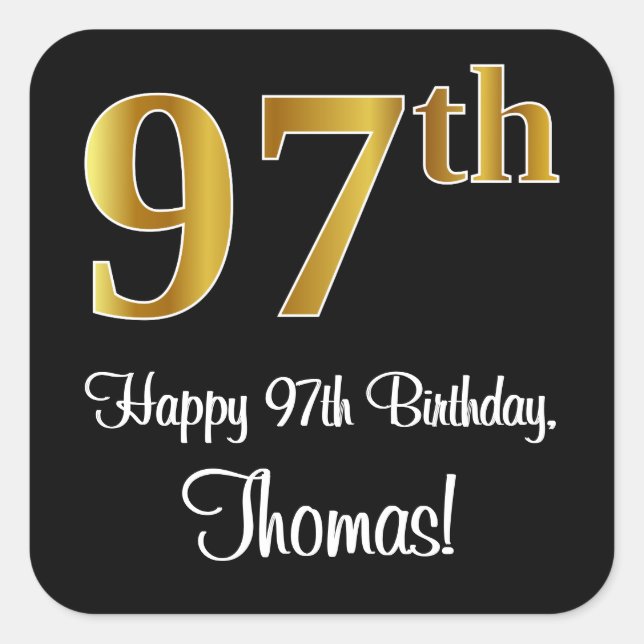 97th Birthday – Elegant Luxurious Faux Gold Look # Square Sticker (Front)