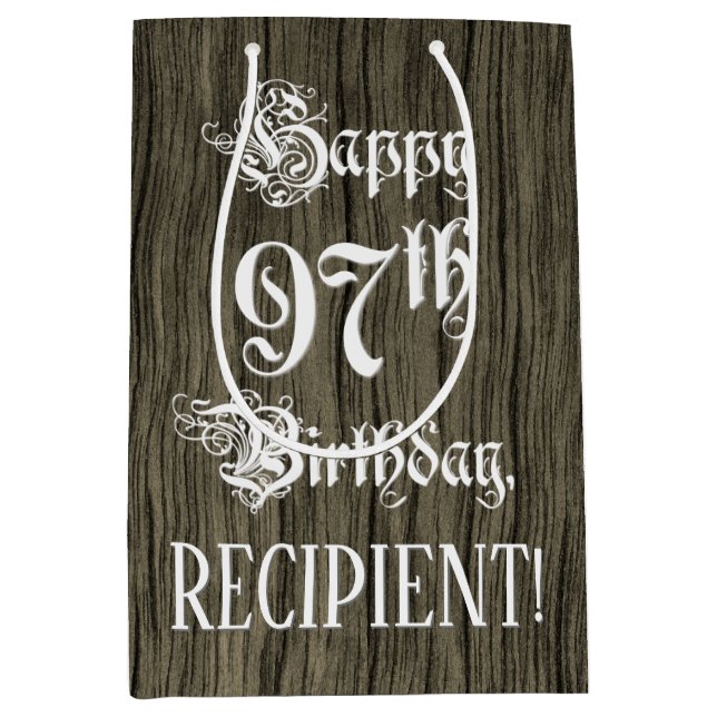 97th Birthday: Fancy, Faux Wood Look + Custom Name Medium Gift Bag (Front)