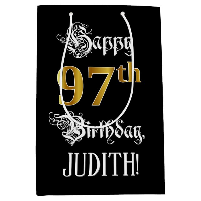 97th Birthday ~ Fancy Script; Faux Gold Look; Name Medium Gift Bag (Front)