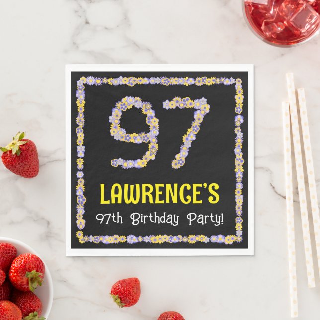 97th Birthday: Floral Flowers Number, Custom Name Napkin (Insitu)
