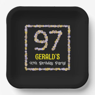 97th Birthday: Floral Flowers Number, Custom Name Paper Plate