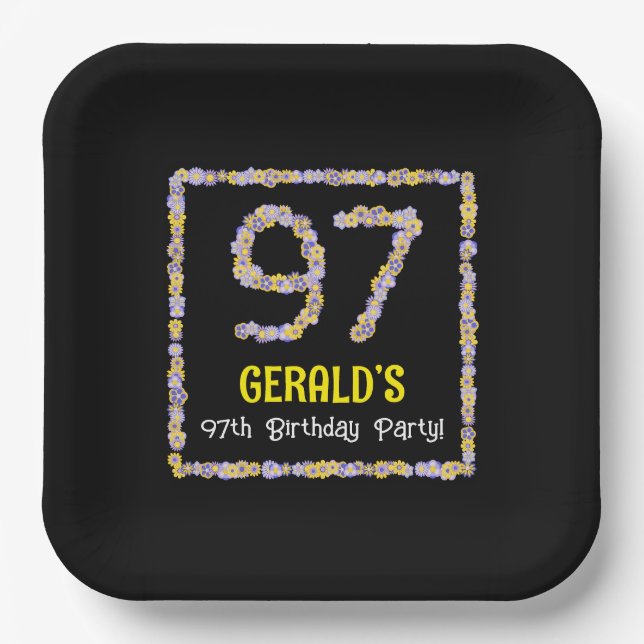 97th Birthday: Floral Flowers Number, Custom Name Paper Plate (Front)