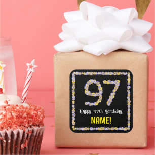 97th Birthday: Floral Flowers Number, Custom Name Square Sticker