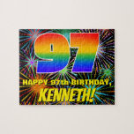 97th Birthday: Fun, Colourful Celebratory Firework Jigsaw Puzzle<br><div class="desc">This colourful and joyful birthday-themed jigsaw puzzle design features a large number “97” with a multicolored rainbow spectrum inspired gradient pattern, along with the message “HAPPY 97th BIRTHDAY, ”, and a custom recipient name. The background has an eye-catching, multicolored pattern inspired by bursting celebratory fireworks. A bold, personalised birthday puzzle...</div>