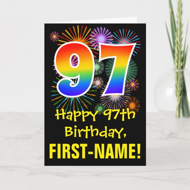 97th Birthday: Fun Fireworks Pattern + Rainbow 97 Card (Front)