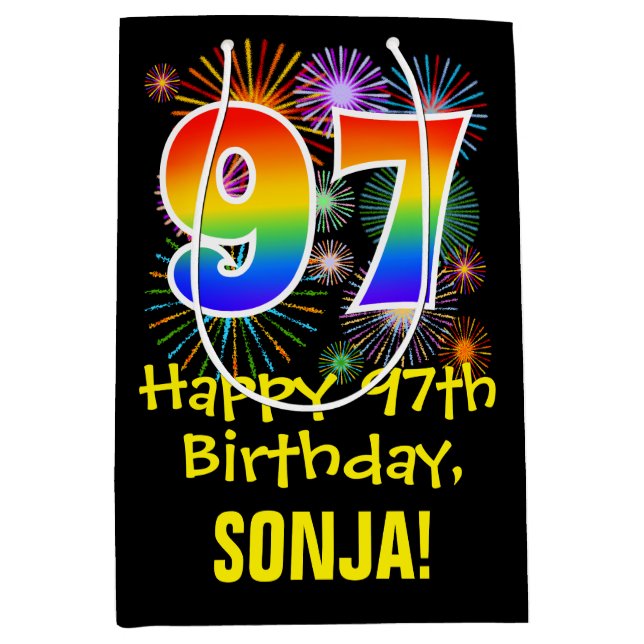97th Birthday: Fun Fireworks Pattern + Rainbow 97 Medium Gift Bag (Front)