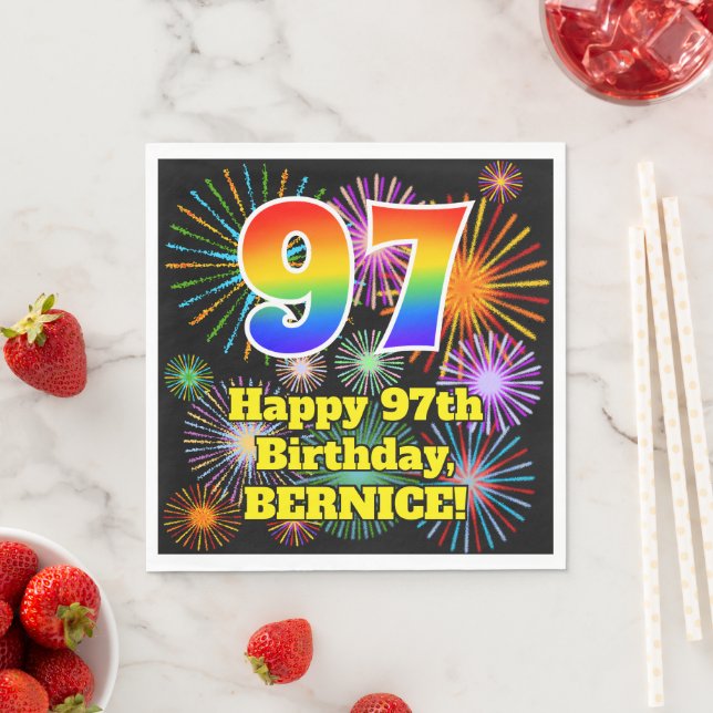97th Birthday: Fun Fireworks Pattern + Rainbow 97 Napkin (Insitu)